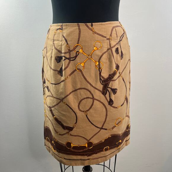 VINTAGE Talbots  Brown A-Line Skirt Cotton Equestrian Horse Bit Side Slit Size 6 - Picture 5 of 8